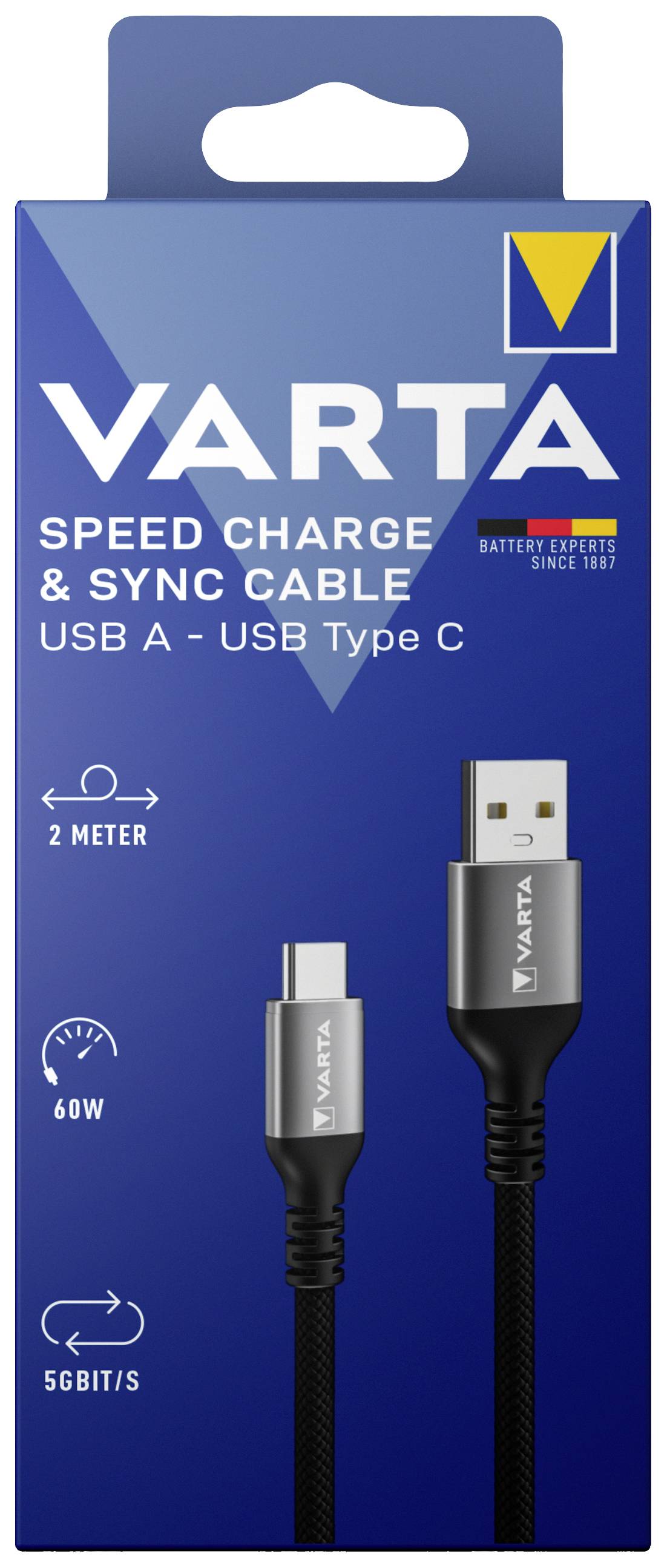 Câble VARTA USB A vers USB Type C, 2 mètres, 60W, 5 Gbit/s. Emballage bleu avec le logo d'Expert Batterie.