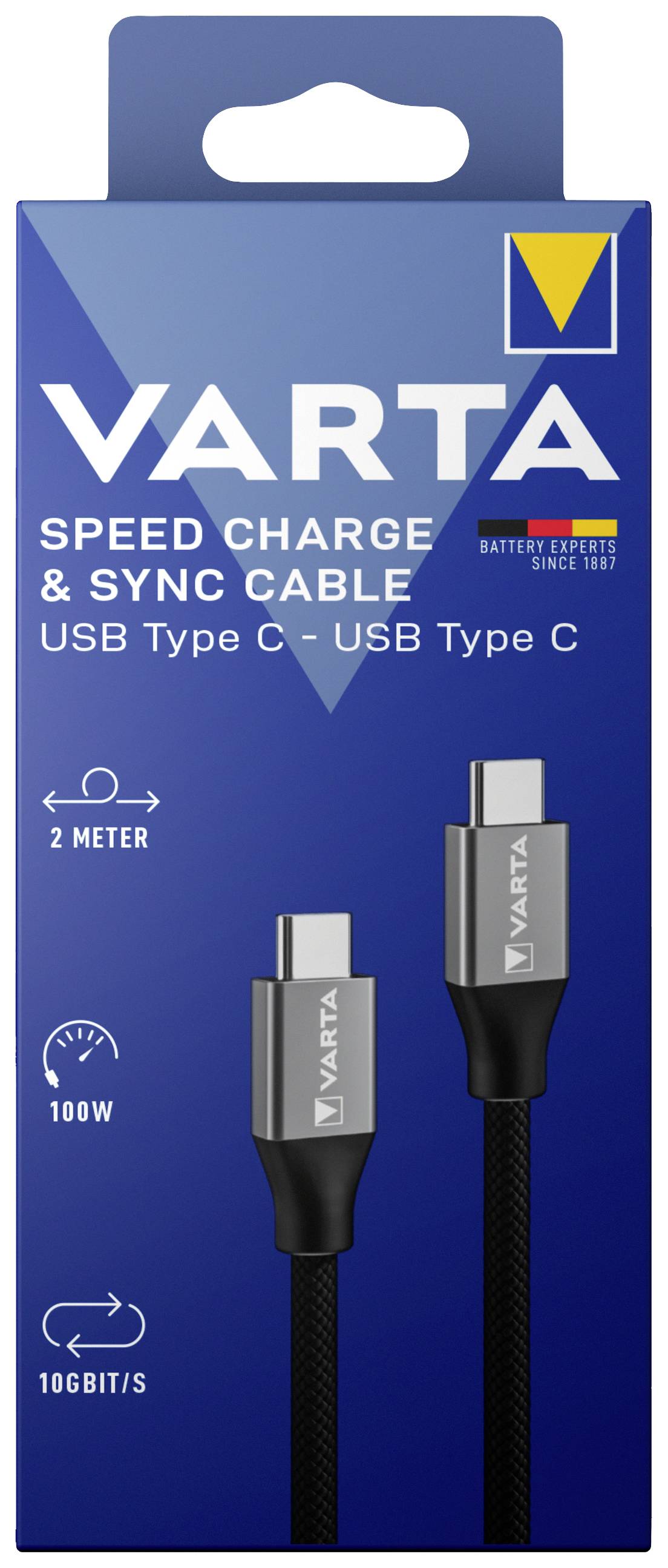Emballage de câble USB-C portant l'inscription 'VARTA Speed Charge & Sync Cable'. Caractéristiques : 2 mètres, 100W, transmission à 10 Gbit/s.