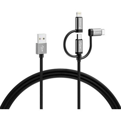 'Câble de charge noir VARTA avec port USB et adaptateur 3-en-1 pour Lightning, Micro-USB et USB-C.'