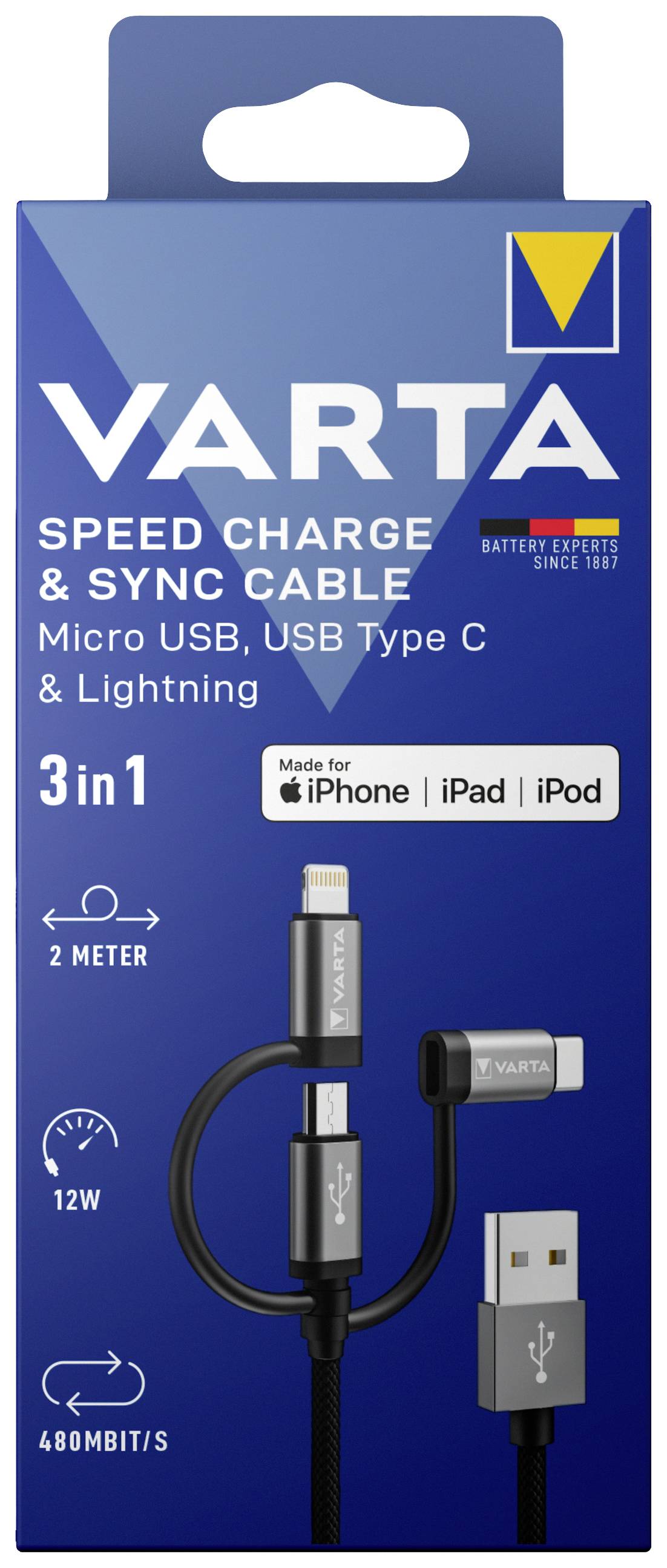 Emballage d'un câble VARTA 3-en-1 de 2 m de long, compatible avec Micro USB, USB Type C et Lightning, adapté pour iPhone, iPad, iPod.
