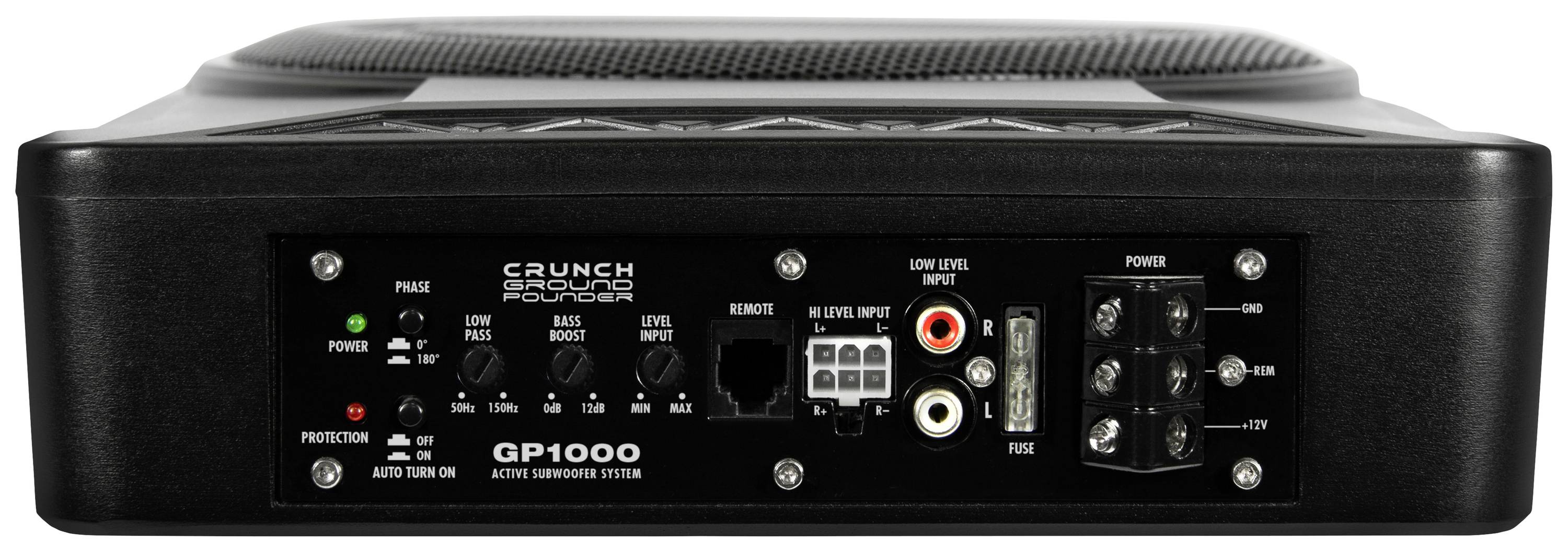 Vue arrière d'un amplificateur Crunch GP1000 avec des possibilités de connexion pour les câbles d'enceintes, l'alimentation électrique, le fusible et les éléments de commande.