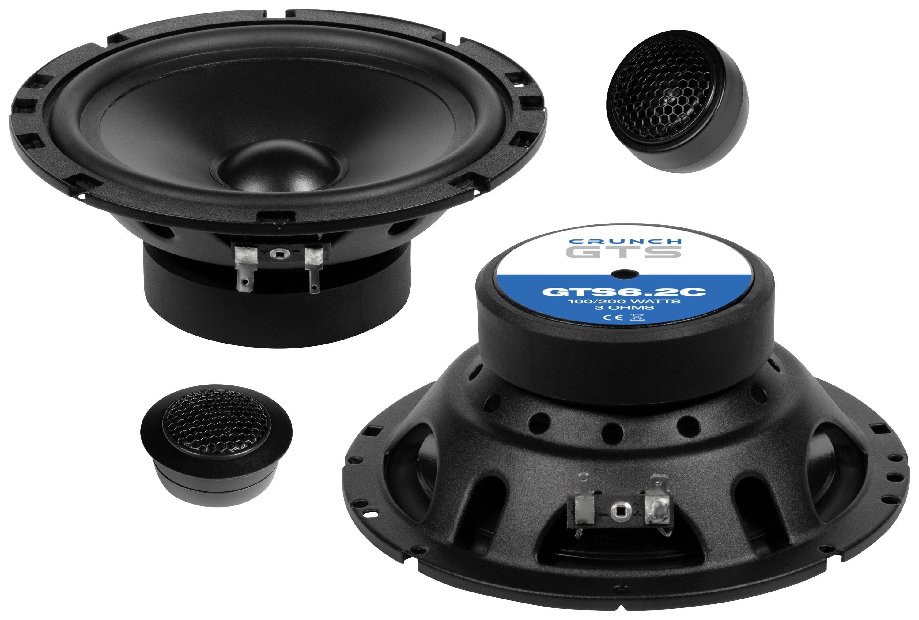 Une paire d'enceintes, composée de deux tweeters et deux woofers de la marque Crunch, modèle GTS6.2C. Idéal pour l'installation dans un véhicule.