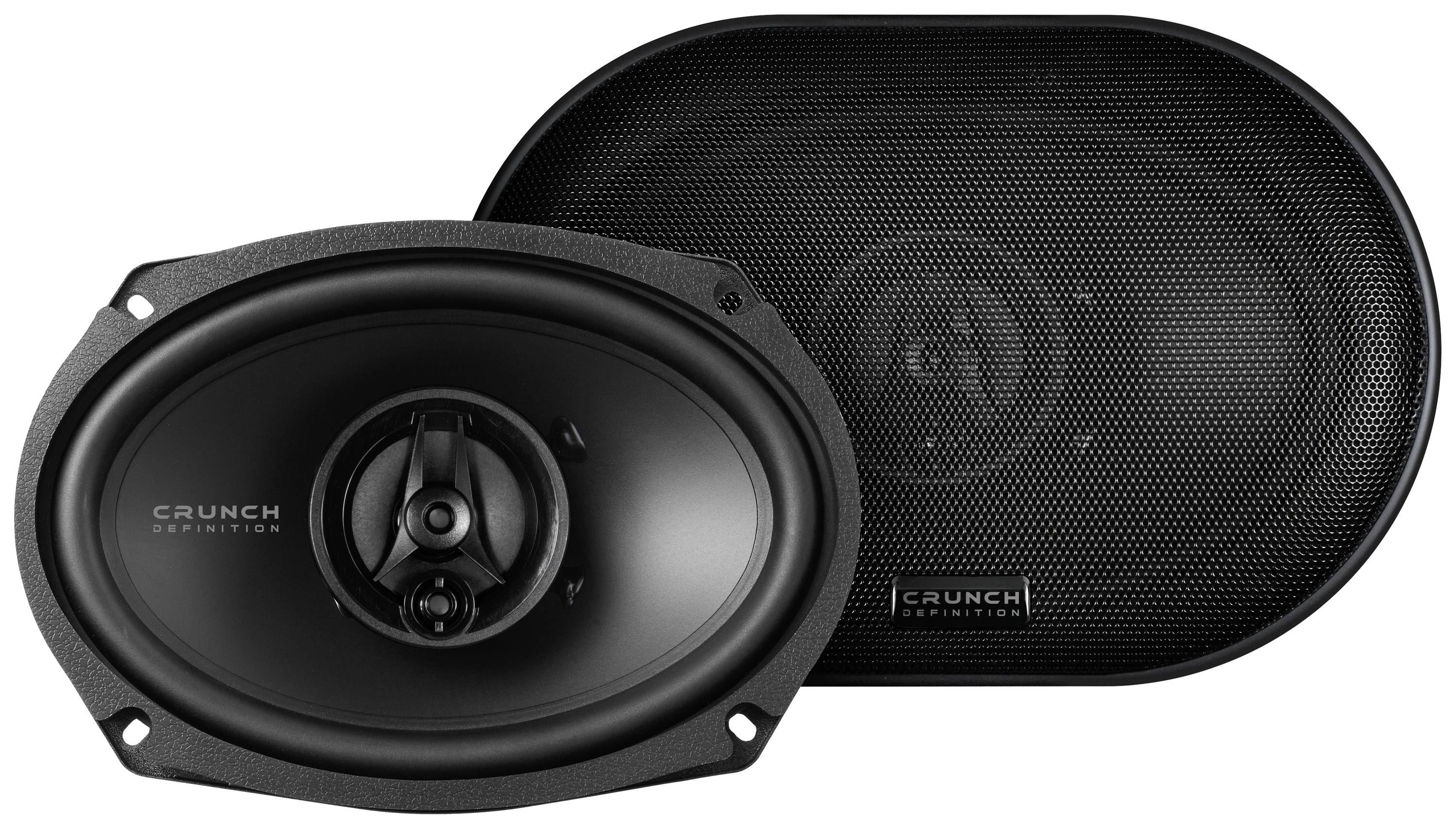 Deux enceintes ovales, l'une avec un tweeter prominent placé au centre, l'autre avec une grille de protection.