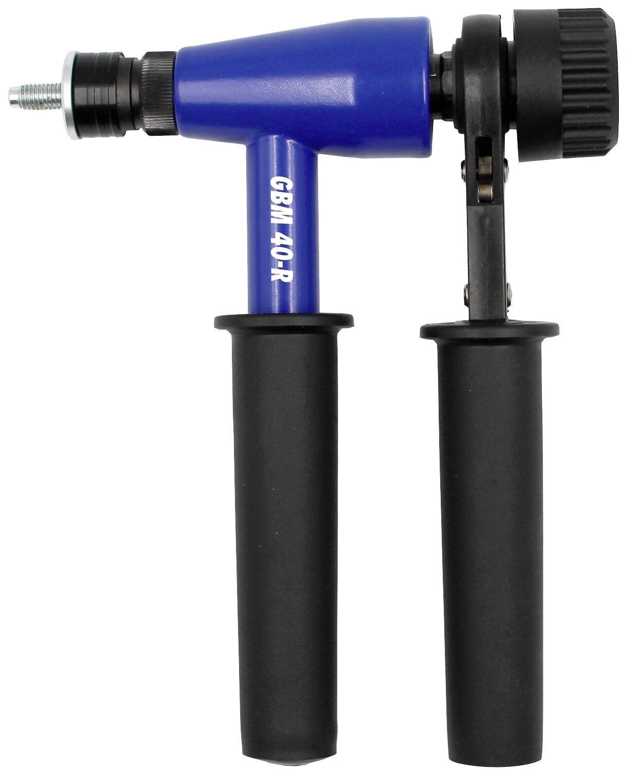 Un foret à main bleu avec deux poignées noires et un mandrin en haut, adapté pour le perçage précis dans divers matériaux.