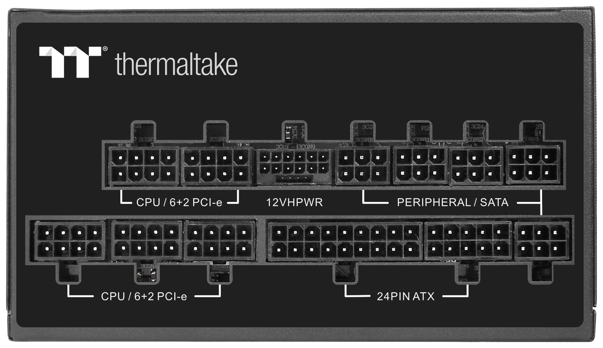 Connexions d'alimentation d'un bloc d'alimentation PC de Thermaltake. Étiquettes : CPU/6+2 PCI-e, 12VHPWR, PERIPHERAL/SATA, 24PIN ATX.