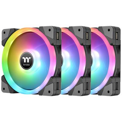 Trois ventilateurs Thermaltake avec éclairage RVB dans différentes couleurs, disposés en cercle autour du logo central.