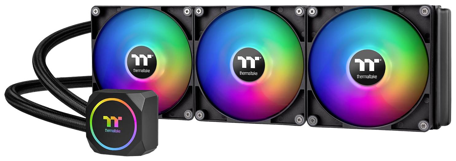 Système de refroidissement liquide avec trois ventilateurs à LED RVB et pompe, adapté au refroidissement des processeurs informatiques.