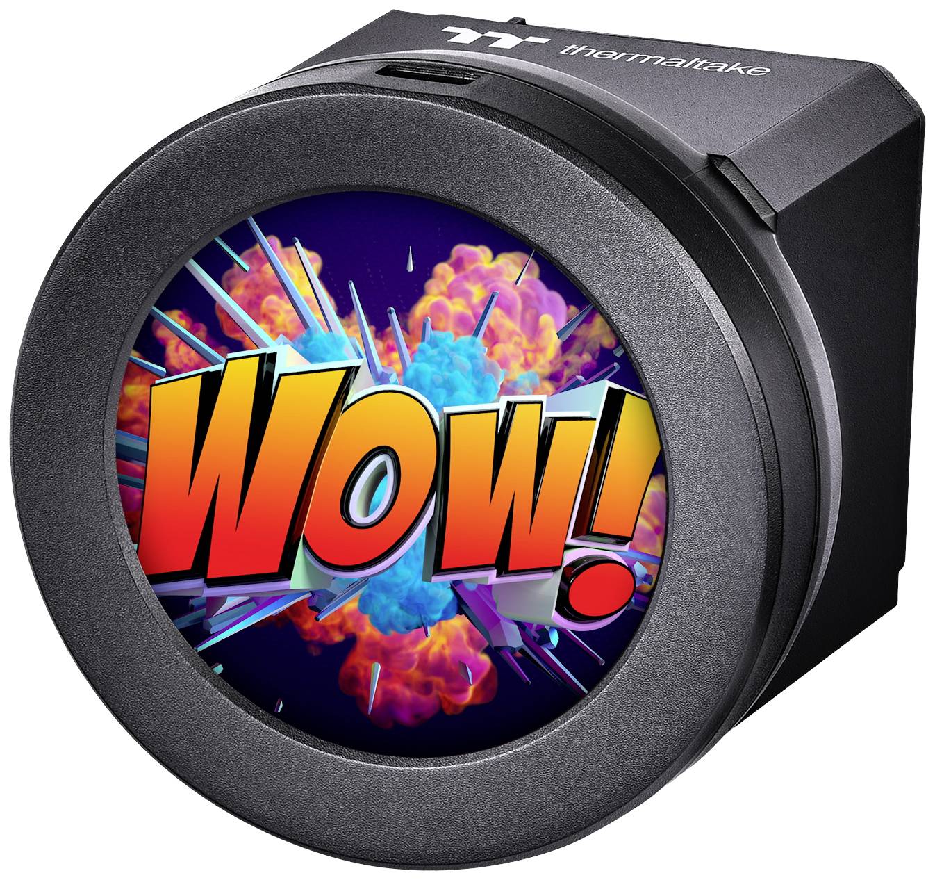 Affichage circulaire avec le texte 'Wow !' en couleurs vives devant une explosion de fond.