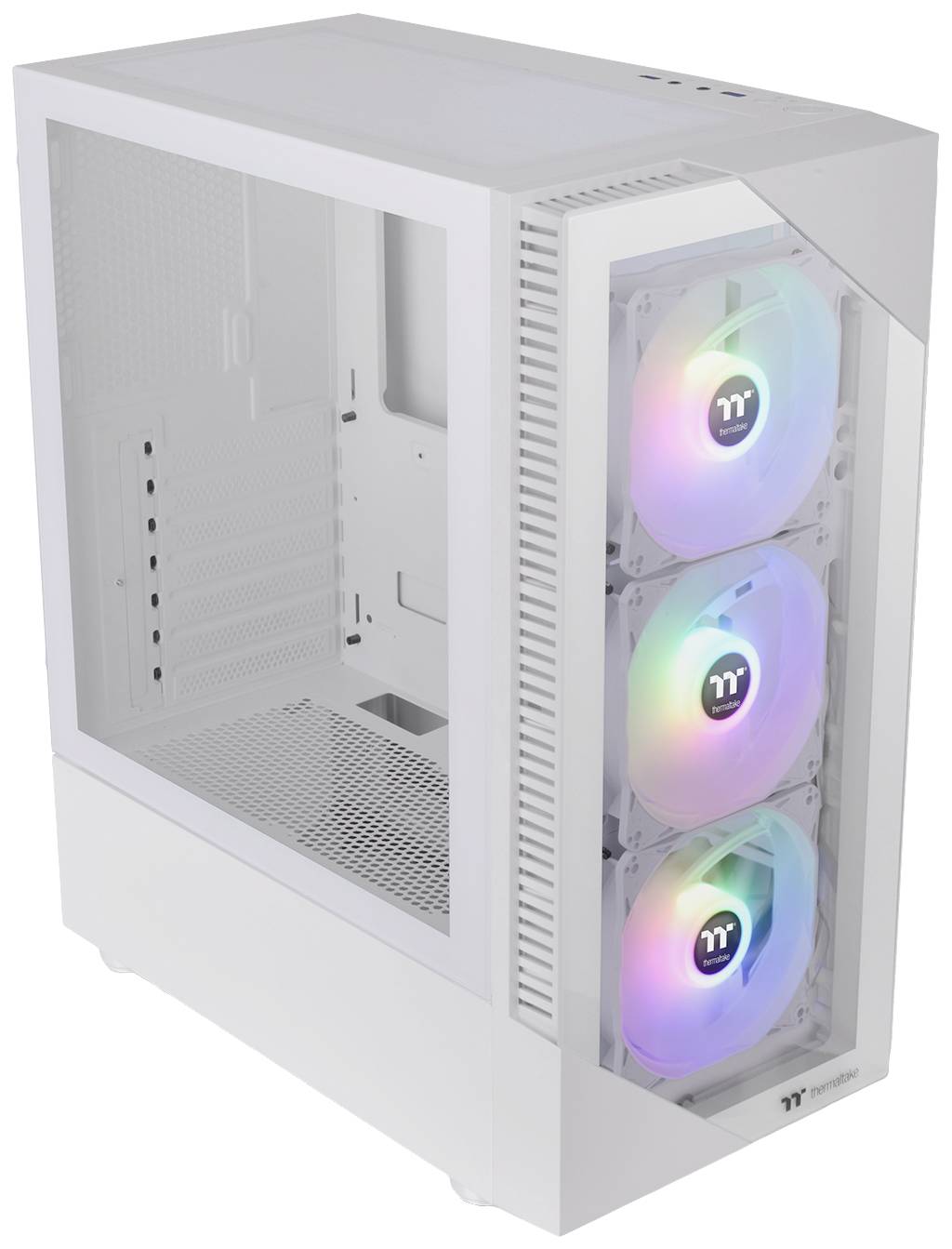 Un boîtier d'ordinateur blanc avec trois ventilateurs à l'avant, qui s'illuminent dans différentes couleurs. Paroi latérale en verre pour une vue intérieure.