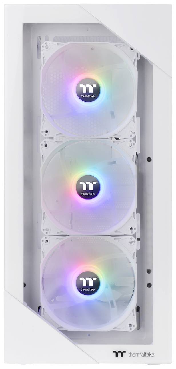 Boîtier équipé de trois ventilateurs RGB disposés verticalement, affichant le logo 'Thermaltake' ; des lumières colorées brillent dans chaque ventilateur.