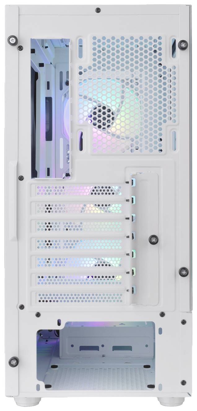 Tour d'ordinateur avec un boîtier blanc, partiellement ouvert. Ventilateurs avec éclairage RVB visibles et ouvertures de ventilation à l'arrière.