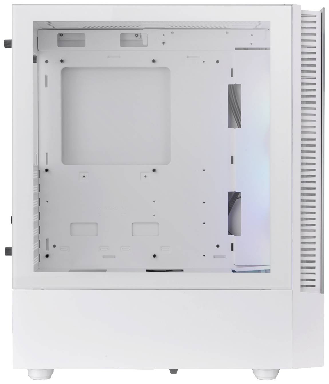 Boîtier d'ordinateur blanc avec fenêtre latérale transparente. L'intérieur, dépourvu de composants matériels, présente plusieurs points de fixation et des rainures de gestion des câbles.