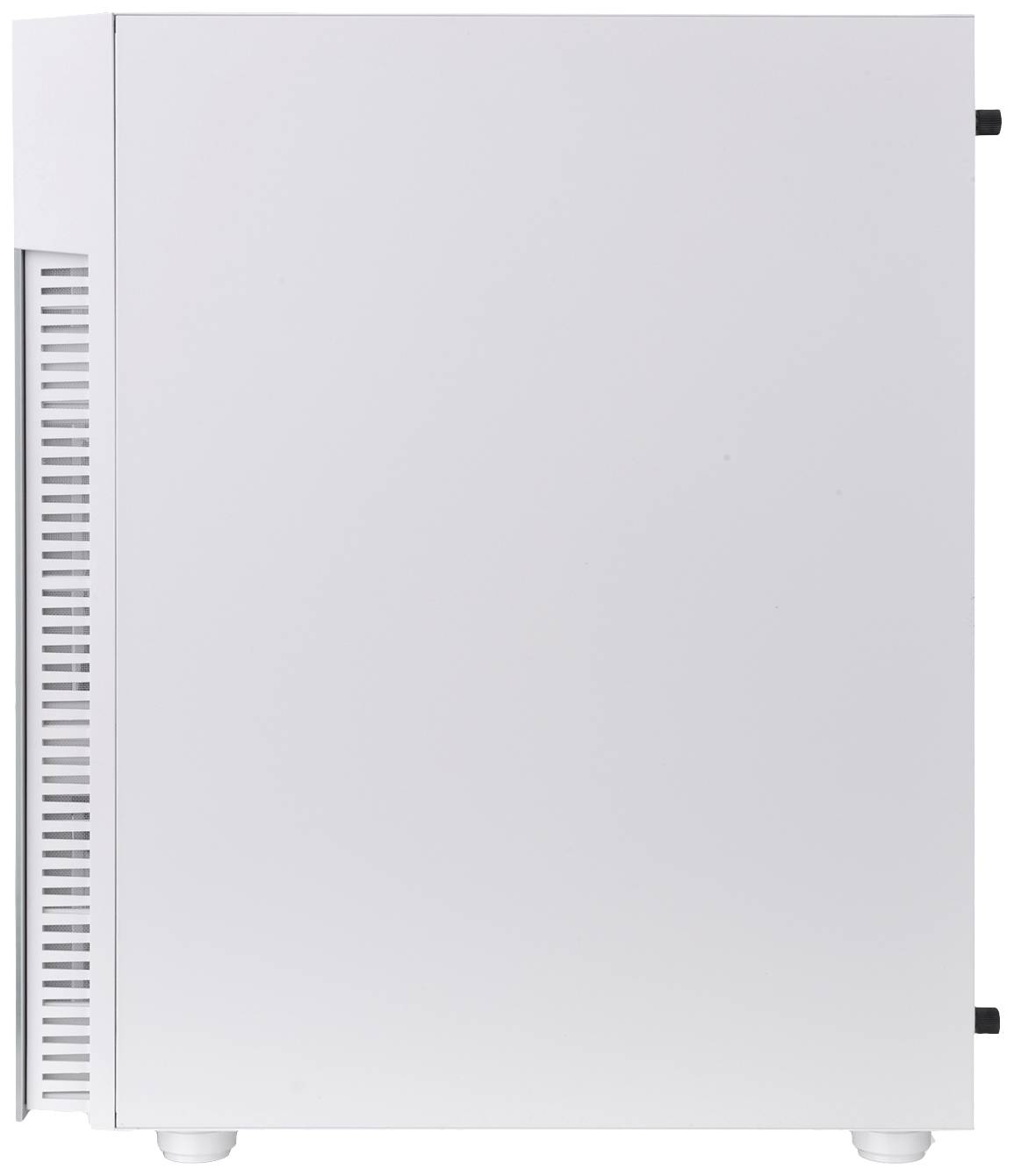 Un boîtier d'ordinateur blanc avec des fentes de ventilation sur le côté.