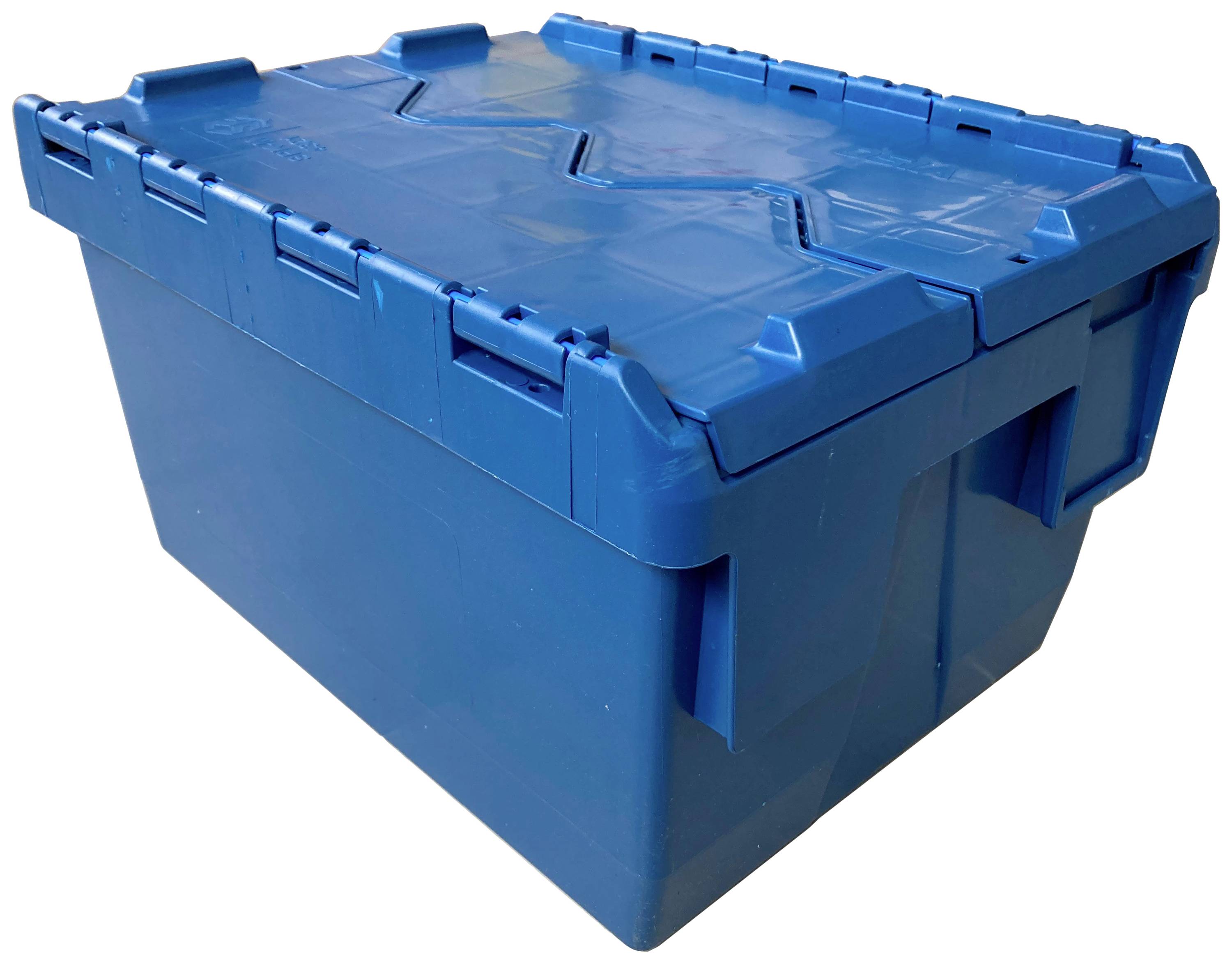 Conteneur bleu en plastique avec couvercle, adapté au stockage. Robuste et empilable, idéal pour le transport et l'organisation de marchandises.