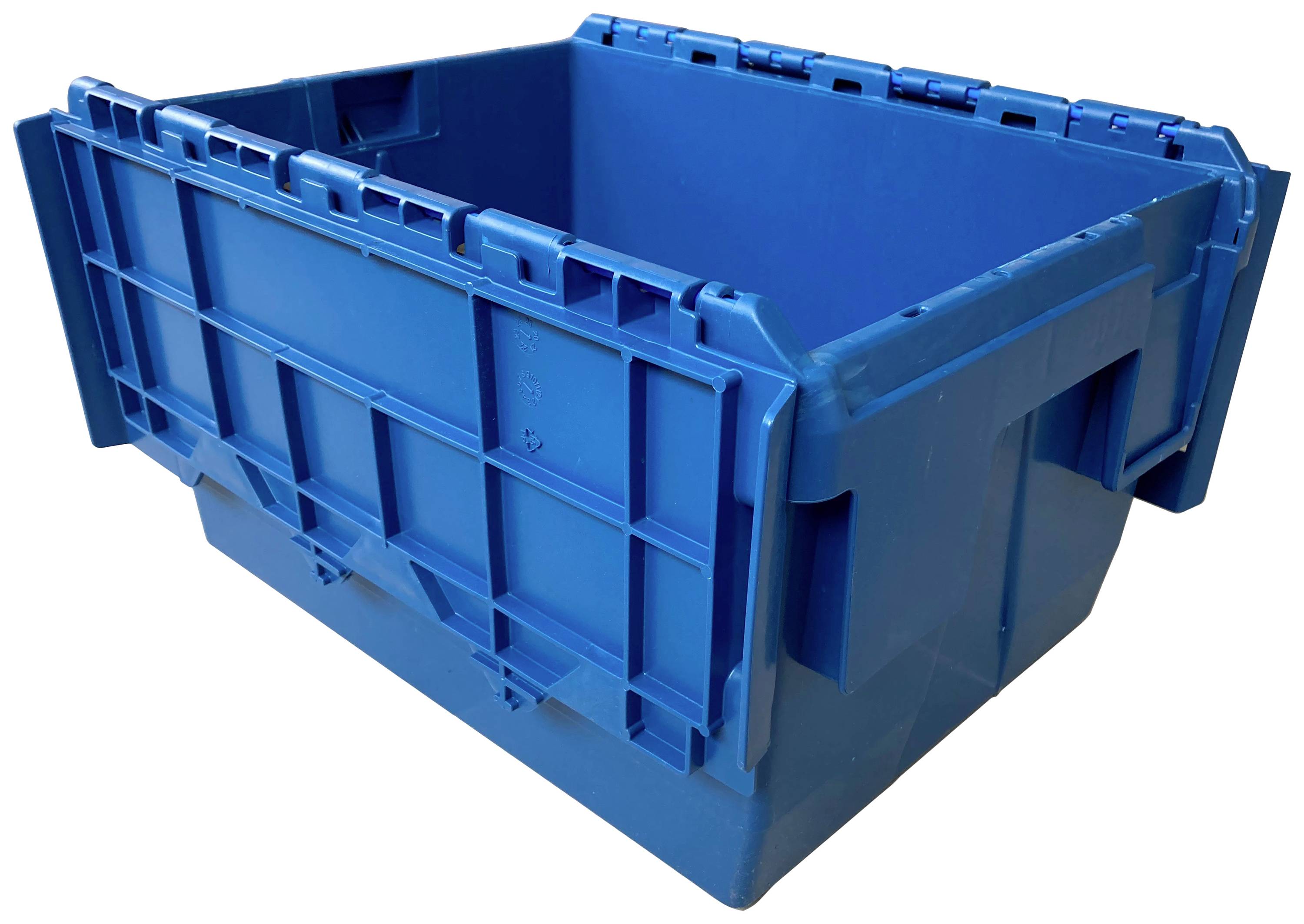 Conteneur en plastique bleu avec couvercle ouvert et côtés renforcés, adapté au stockage et au transport.