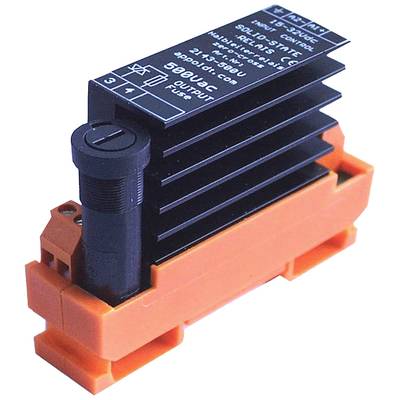 Relais statiques industriels, montés sur support orange. Boîtier noir avec spécifications techniques sur le dessus.