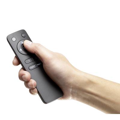 Une main tient une télécommande noire.