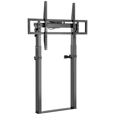 Un support TV noir et ajustable, adapté pour le montage mural. Le support dispose de plusieurs trous permettant le réglage en hauteur.