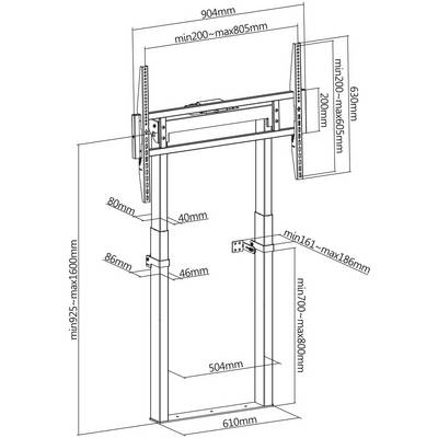 Instructions de montage pour support TV : Dimensions et espacements pour l'installation représentés. Réglage de la largeur et de la hauteur, étapes de montage fixes.