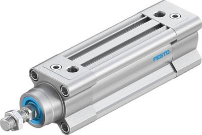 Vérin pneumatique avec boîtier argenté et joint bleu, portant la marque 'Festo'.
