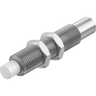 Un capteur de proximité cylindrique avec un filetage métallique et un embout blanc. Utilisé pour détecter des objets.