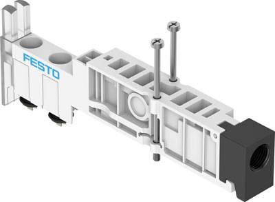 Un élément de connexion pneumatique de Festo, composé d'un boîtier en plastique blanc avec deux vis saillantes et une connexion noire.