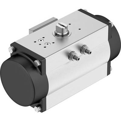 Actionneur pneumatique de forme rectangulaire avec plusieurs raccordements, adapté aux applications industrielles.