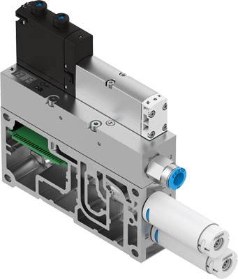 Coupe transversale d'une vanne pneumatique avec connexions électriques et raccords bleus.