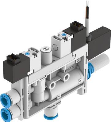 Vanne pneumatique avec deux ouvertures de raccordement bleues et deux actionneurs électromagnétiques noirs sur le dessus.