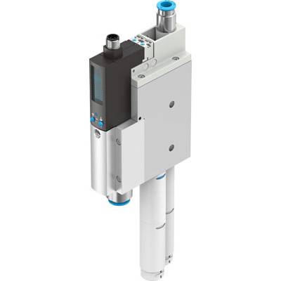 Composant industriel avec unité de commande électronique et deux raccords cylindriques, probablement pour le contrôle des fluides.