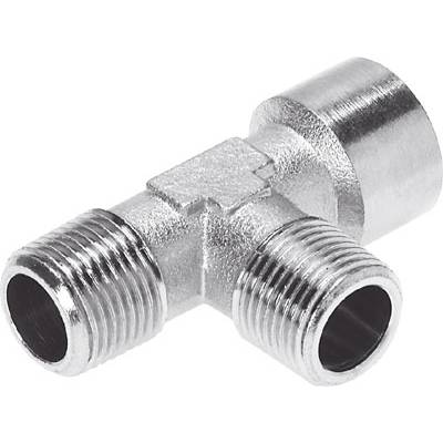 Raccord de tuyau en T métallique avec trois connexions ; deux connexions horizontales et une connexion verticale pour le raccordement de plusieurs tuyaux.