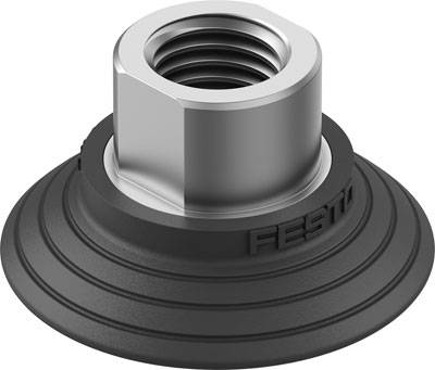 Un écrou hexagonal en argent fixé sur une ventouse noire nervurée.