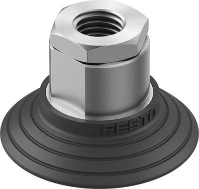 'Ventouse à vide Festo avec raccord hexagonal et rainures à la base, adaptée pour la fixation sur des machines ou des surfaces.'
