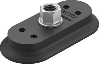Ventouse noire, ovale, avec un filetage métallique central et plusieurs trous de fixation. Inscription de marque 'Festo'.