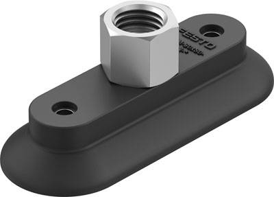 Plateau de succion noir avec filetage d'assemblage intégré pour applications industrielles, monté sur une plaque de base ovale.