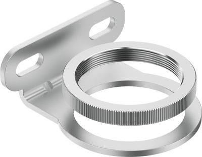 Support métallique avec bague ronde striée et base rectangulaire pourvue de deux trous de fixation.