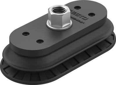 Coussin de préhension rond et plat avec raccordement métallique, adapté aux applications industrielles telles que la manutention et le déplacement d'objets.