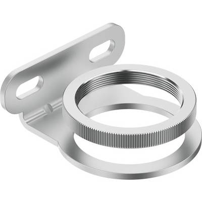 Support métallique avec deux trous de vis et un anneau de fixation. Adapté pour fixer des objets ronds sur des surfaces planes.