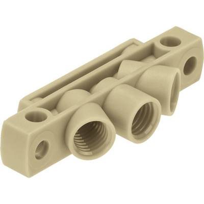 Pièce en plastique avec plusieurs ouvertures cylindriques et trous filetés, probablement un raccord ou un adaptateur.