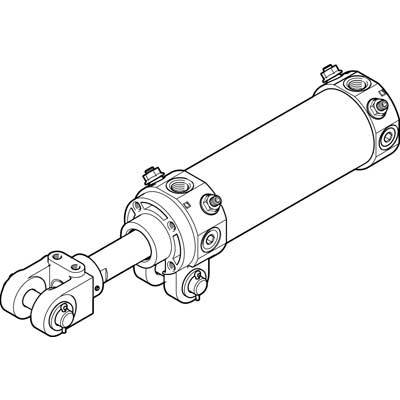 Dessin technique d'un vérin hydraulique avec suspension aux deux extrémités, montrant les détails de la tige de piston et du corps du cylindre.