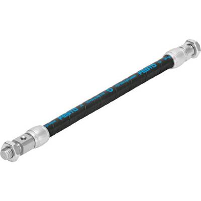 Tuyau hydraulique avec raccords métalliques, noir avec inscription bleue 'Festo'. Utilisé pour connecter des systèmes hydrauliques.