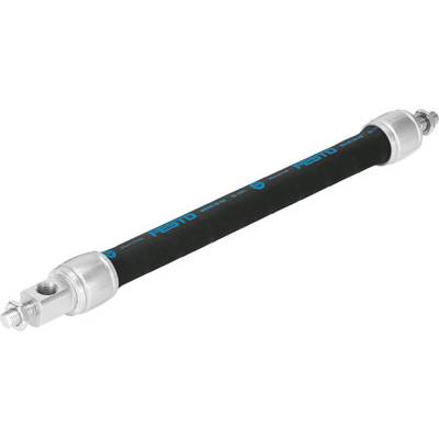Vérin hydraulique avec un corps noir et des extrémités argentées. Comporte un marquage bleu sur sa surface. Relie des pièces mécaniques pour assurer le mouvement.