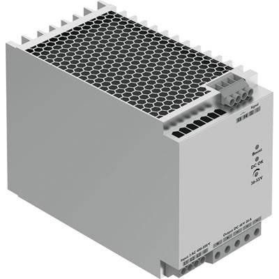 Alimentation électrique industrielle avec boîtier en grille, forme rectangulaire, couleur grise, plusieurs bornes de connexion, adaptée au montage sur rail DIN.