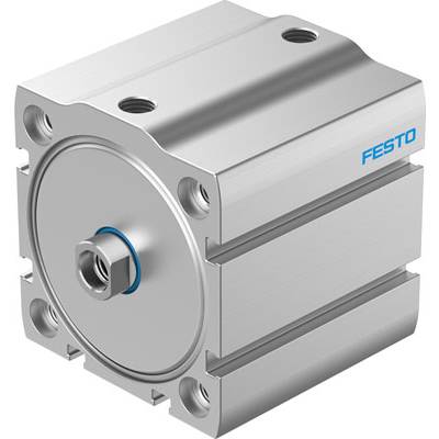 Un vérin pneumatique carré en argent de Festo avec quatre trous de fixation aux coins.