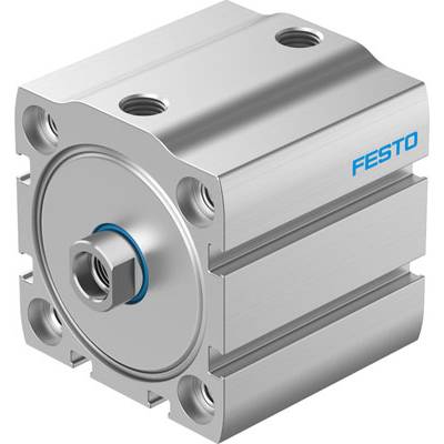 Un vérin pneumatique en métal de Festo avec plusieurs trous de vis et un piston visible sur la face avant.