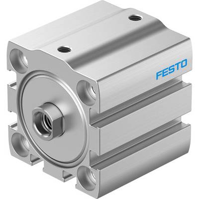 Vérin compact en métal avec trous filetés, nom de marque 'Festo' visible. Principalement utilisé pour des applications pneumatiques.