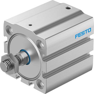 Cylindre pneumatique argenté de Festo, de forme carrée, avec vis de fixation visible, adapté aux systèmes automatisés.
