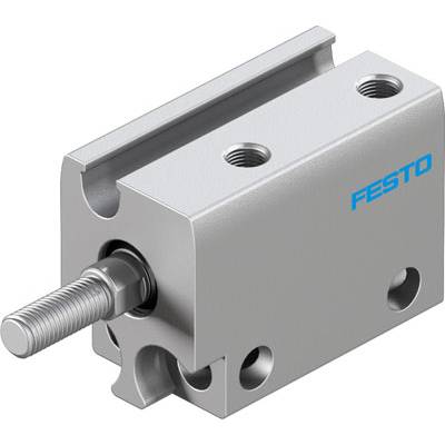 Vérin pneumatique de couleur argentée avec plusieurs trous de fixation et un piston sur le côté. Le nom du produit est visible.