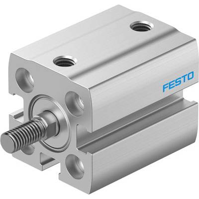Vérin pneumatique de Festo, argenté, avec quatre trous de fixation. Composant principal dans les machines pour les mouvements linéaires.
