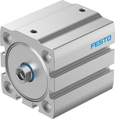 Un cylindre pneumatique argenté de Festo, compact et robuste, avec quatre trous de montage sur la face avant.